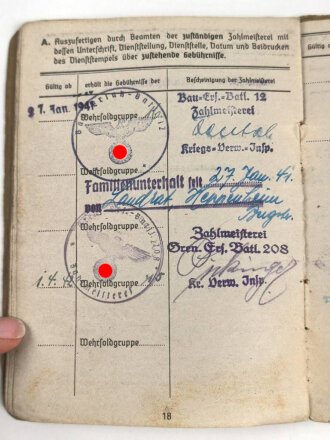 Soldbuch Heer, ausgestellt 27.1.1941 bei Bau Ersatz Btl. 12 Worms.