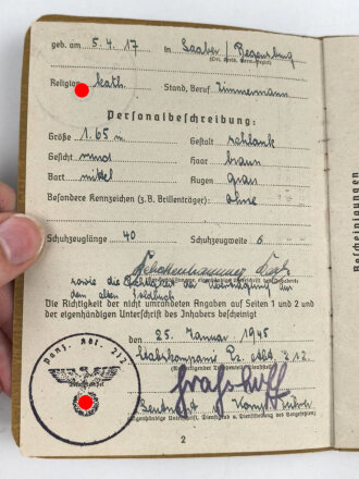 Soldbuch Heer, Ersatzanfertigung, ausgestellt 25.1.1945 bei Stabkompanie Panzer Abteilung 212