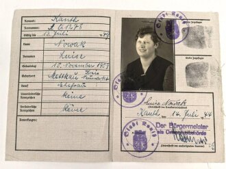 Deutsches Reich, Kennkarte eine Frau aus Kanth, datiert 1944