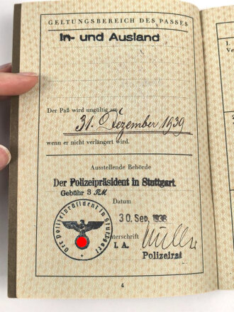 Deutsches Reich, Reisepass einer Frau aus Stuttgart, datiert 1938