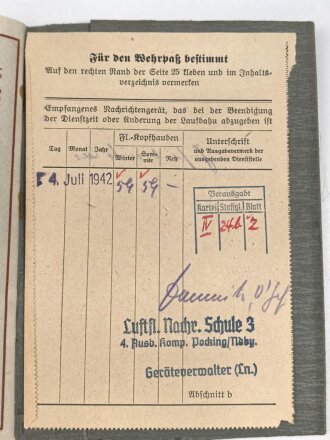 Wehrpaß Luftwaffe, eingestellt am 1.5.41 bei Luftnachrichten Kompanie Fliegerhorst Wels.