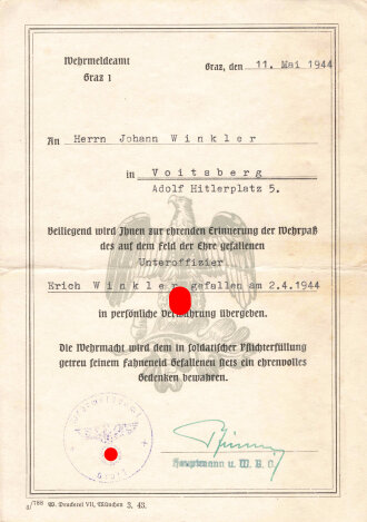 Wehrpaß Luftwaffe, eingestellt am 1.5.41 bei Luftnachrichten Kompanie Fliegerhorst Wels.