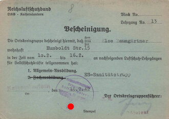 Reichsluftschutzbund DKG Kaiserslautern, Bescheinigung...