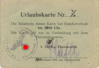 Urlaubskarte für Standorturlaub bis 24.00Uhr, 1.Marine Nachrichten Kompanie Eberswalde 