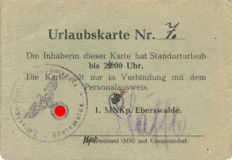 Urlaubskarte für Standorturlaub bis 24.00Uhr, 1.Marine Nachrichten Kompanie Eberswalde 