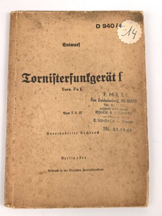 D 940/4 "Tornisterfunkgerät f - Torn. Fu f." datiert 1937, 36 Seiten plus Anhänge, DIN A5