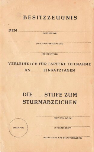 Besitzzeugnis zur ...Stufe zum Sturmabzeichen, blanko, 12...