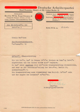 DLRG Grundschein einer Frau aus Berlin, dieser datiert 1941, mit Zeugnissen und Anschreiben