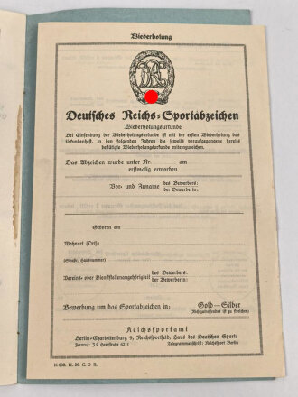 Deutsches ReichsSportabzeichen DRL für Frauen,  Urkundenheft einer Turnerin aus Überlingen, datiert 1936