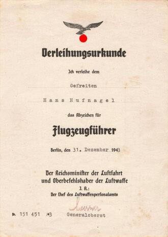 Verleihungsurkunde zum Abzeichen für Flugzeugführer für einen Gefreiten, ausgestellt am 1943