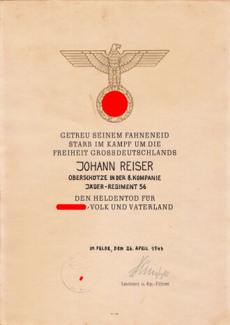 Heldentod Schmuckblatt für einen Oberschützen in der 8. Kompanie Jäger-Regiment 56, ausgestellt im Dezember 1943