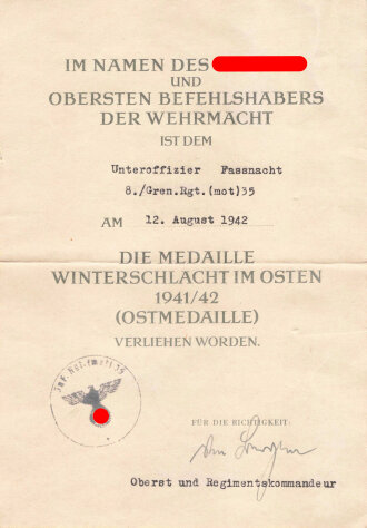 Verleihungsurkunde für die Medaille Winterschlacht im Osten 1941/42 an einen Unteroffizier im Grenadier Regiment ( mot) 35, ausgestellt am 12.8.1942