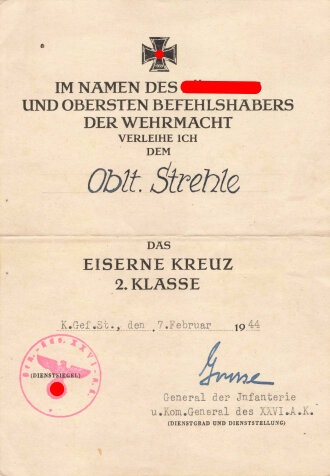 Verleihungsurkunde für das Eiserne Kreuz 2. Klasse 1939, ausgestellt am 7.2.1944