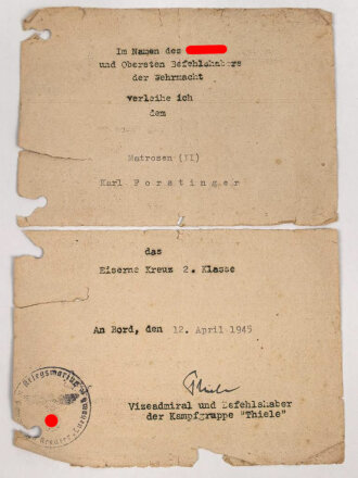 Verleihungsurkunde für das Eiserne Kreuz 2. Klasse 1939, an einen Matrosen, ausgestellt am 12. April 1945.