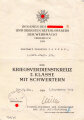 Verleihungsurkunde zum Kriegsverdienstkreuz 2. Klasse mit Schwertern für einen Leutnant im Artillerie Regiment 319, ausgestellt am 1.9.1943