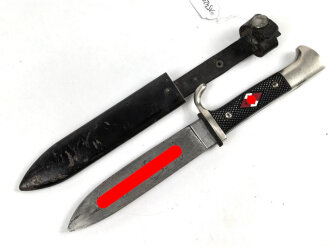 Fahrtenmesser für Angehörige der Hitler Jugend.  Getragenes Stück mit Devise, Doppelhersteller Tiger Solingen . Griffraute wackelt leicht, Scheide Originallack