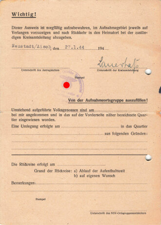 NSDAP Gauleitung Franken, Amt für Volkswohlfahrt "Umquartierungskarte - Umquartierung aus Luftschutzgründen und wegen Fliegerschaden" datiert 1944, DIN A5, mittig gefaltet