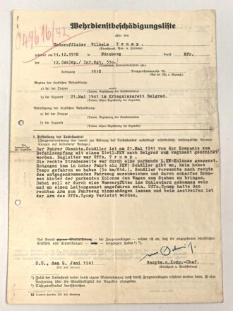 "Wehrdienstbeschädigungsliste" über einen Unteroffizier aus Nürnberg, datiert 1941, DIN A4