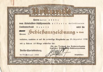 Deutscher Kleinkaliber Schützenverband, Urkunde für die Schießauszeichnung in Gold, datiert 1933