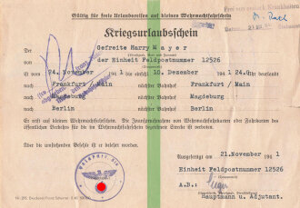 Sturmtagebescheinigung  für einen Angehörigen im Grenadier Regiment 596, dazu ein Kriegsurlaubsschein von 1941 und 1944