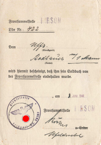 Bescheinigung über die Einbehaltung des Soldbuch von...