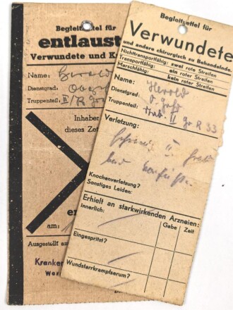 Zwei Begleitzettel für einen entlausten Verwundeten, datiert 1943