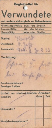 Zwei Begleitzettel für einen entlausten Verwundeten,...