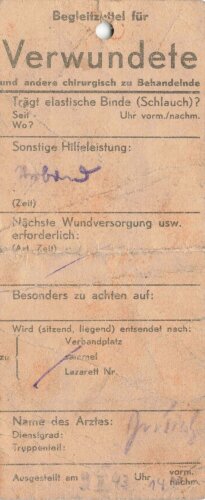 Zwei Begleitzettel für einen entlausten Verwundeten, datiert 1943