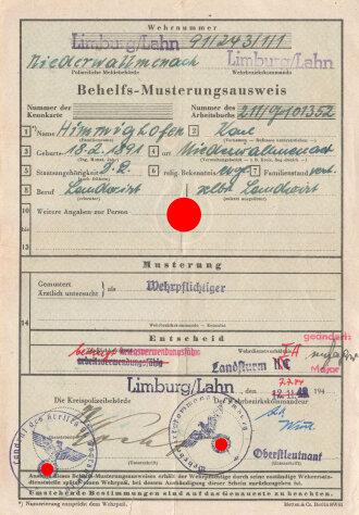 Behelfs-Musterungsausweis eines Langwirts als...