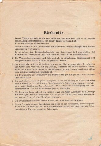 Truppenausweis eines Angehörigen "Pfeede Zweiglazarett 688 Wolmar"   für eine Teilnahme am Lehrgang der Armeegasschutzschule, datiert 1944