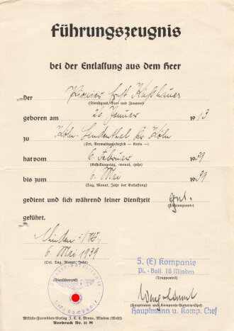 Führungszeugnis bei der Entlassung aus dem Heer, datiert 1939