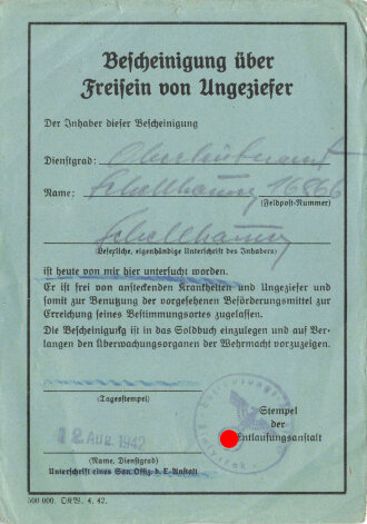Bescheinigung über Freisein von Ungeziefer, datiert 1942