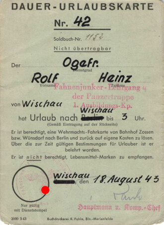 Dauer-Urlaubskarte eines Fahnenjunkers der Panzertruppe, datiert 1943, DIN A6