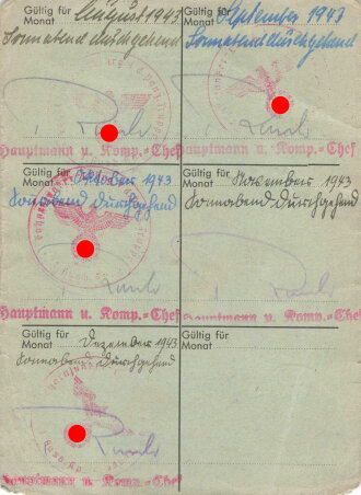 Dauer-Urlaubskarte eines Fahnenjunkers der Panzertruppe, datiert 1943, DIN A6