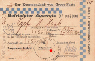 "Befristeter Ausweis" für den Aufenthalt in der Innenstadt von Gross-Paris,17-20.9.1942, ca. 9,5 x 13,5 cm , guter Zustand