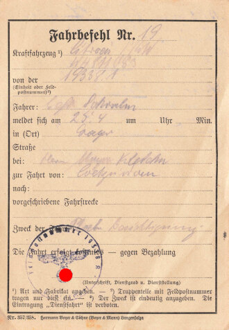 Fahrbefehl für ein Wehrmachtsfahrzeug