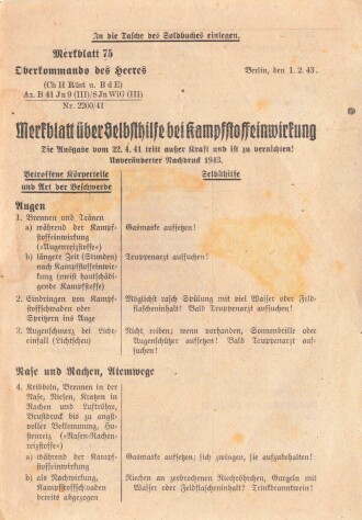 Merkblatt Nr. 75 "Merkblatt über Selbsthilfe bei Kampfstoffeinwirkung, datiert 1943 für das Soldbuch zum einlegen