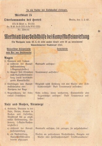 Merkblatt Nr. 75 "Merkblatt über Selbsthilfe bei Kampfstoffeinwirkung, datiert 1943 für das Soldbuch zum einlegen