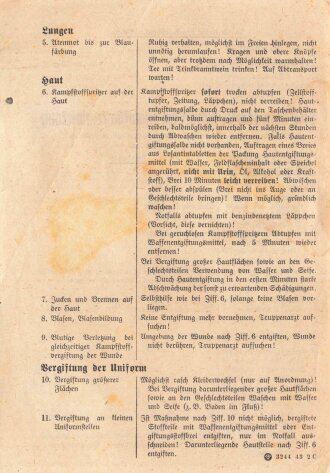 Merkblatt Nr. 75 "Merkblatt über Selbsthilfe bei Kampfstoffeinwirkung, datiert 1943 für das Soldbuch zum einlegen