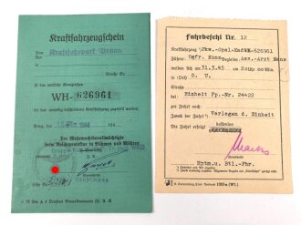 "Begleitheft für einen Personenkraftwagen der Wehrmacht" mit Kraftfahrzeugschein und Fahrbefehl, datiert 1944