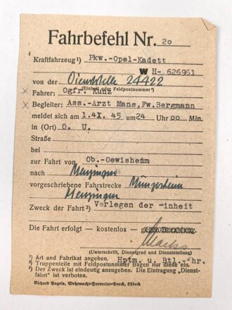 "Begleitheft für einen Personenkraftwagen der Wehrmacht" mit Kraftfahrzeugschein und Fahrbefehl, datiert 1944
