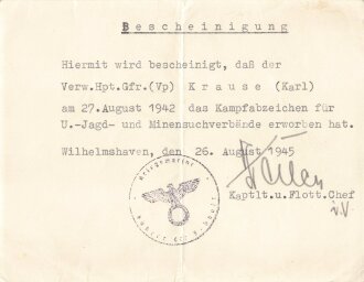 Kriegsmarine, Gruppe Urkunden eines Trägers der Marine Frontspange in bronze