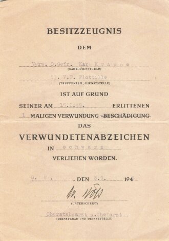 Kriegsmarine, Gruppe Urkunden eines Trägers der Marine Frontspange in bronze