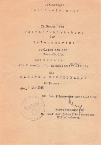 Kriegsmarine, Gruppe Urkunden eines Trägers der Marine Frontspange in bronze