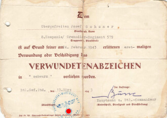 Verleihungsurkunde zum Verwundetenabzeichen in schwarz, datiert 1943