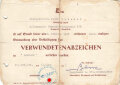 Verleihungsurlunde zum Verwundetenabzeichen in schwarz, datiert 1943