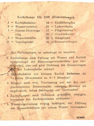 "Bedienungsvorschrift für Karbidlampe UG 2150 ( Einheitslampe)  Maße 10,5 x 15cm