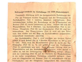 "Bedienungsvorschrift für Karbidlampe UG 2150 ( Einheitslampe)  Maße 10,5 x 15cm