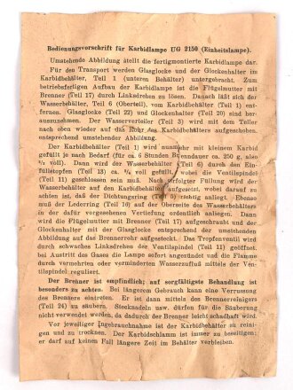 "Bedienungsvorschrift für Karbidlampe UG 2150 ( Einheitslampe)  Maße10,5 x 15cm
