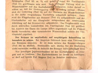 "Bedienungsvorschrift für Karbidlampe UG 2150 ( Einheitslampe)  Maße10,5 x 15cm